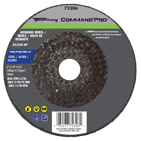 Forney Grinding Wheel, Metal Type 27, 4 in x 1/8 in x 5/8 in 72306